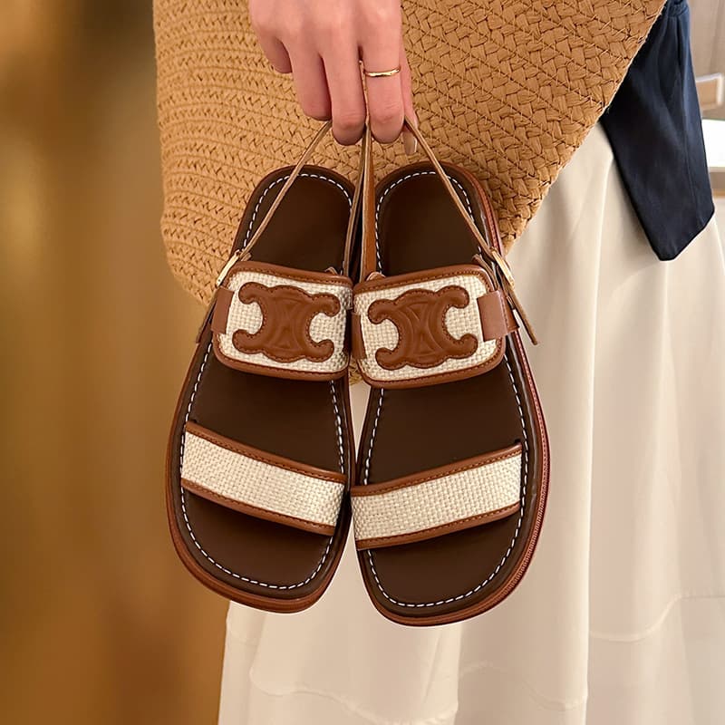 Chanel Style Women's Sandals Woven Single Strap Summer Platform Retro Roman Sandals Flat Beach Shoes Breathable