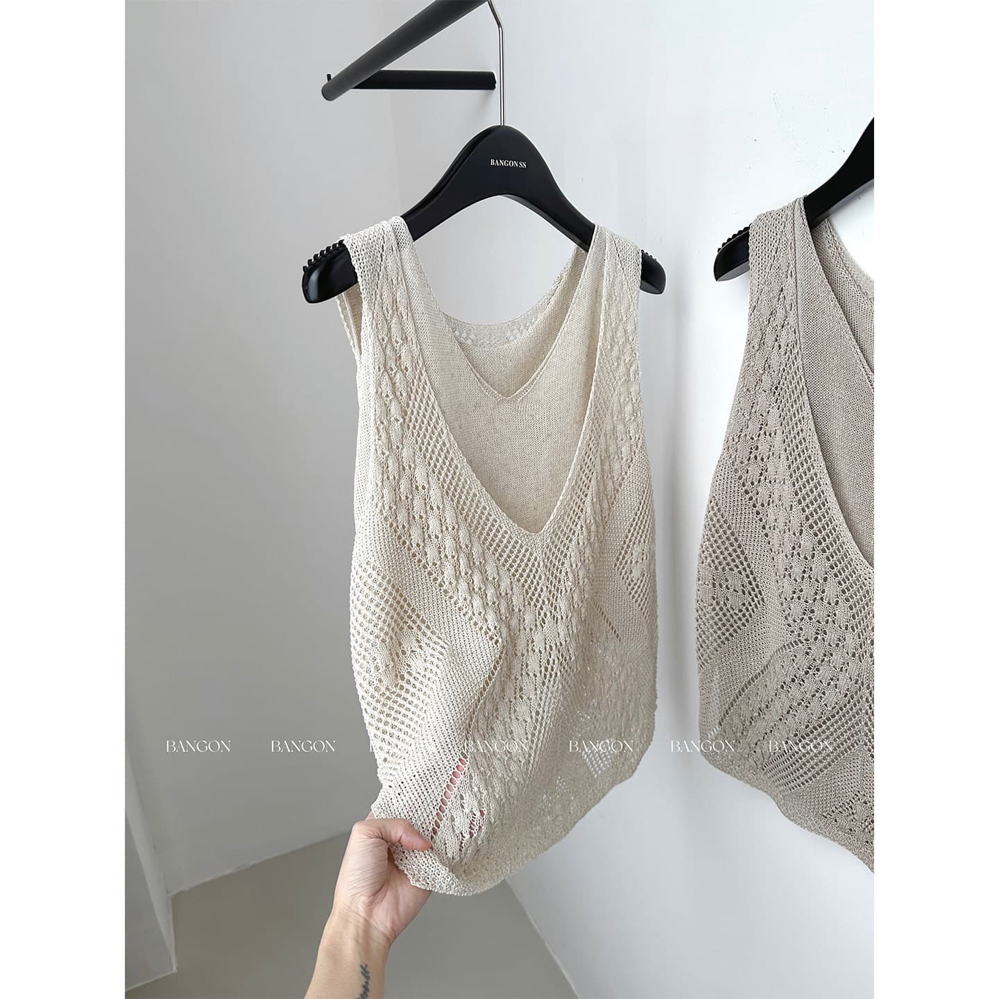 BANGON INS fake two-piece knitted top, slim fit, hollow crochet T-shirt 2026 summer new style