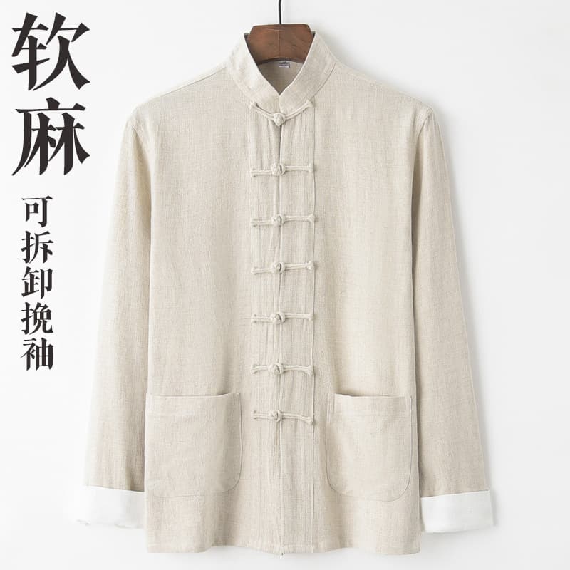 Chinese Style Tang Suit Men's Cotton Linen Jacket Vintage Chinese Retro Coat Spring Summer Thin Long Sleeve Button Closure Monk Outfit Hanfu