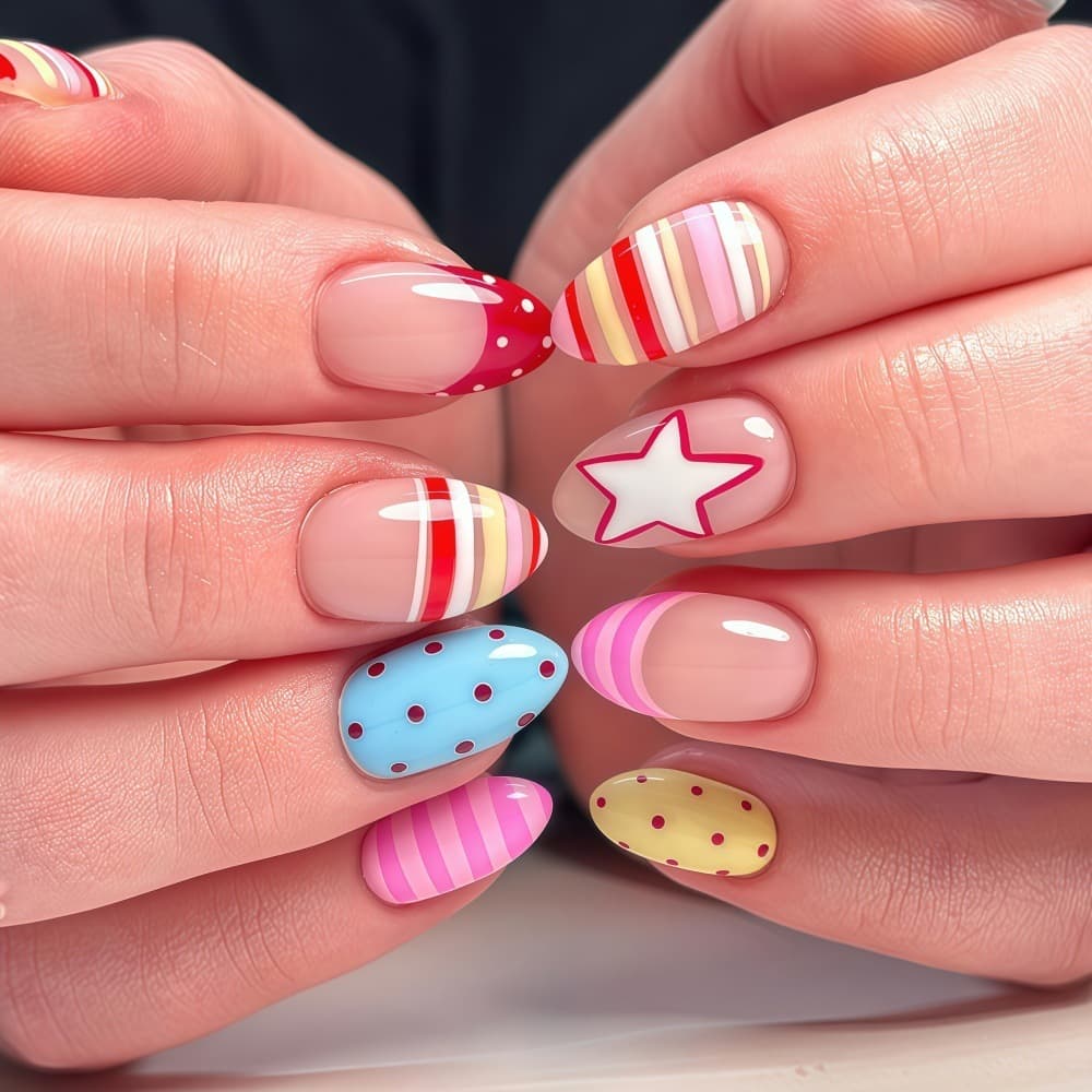 Macaron Contrast Color Stripes Polka Dot Stars French Manicure Wearable Nails Short Almond Nails Foreign Trade Fake Nails Wholesale