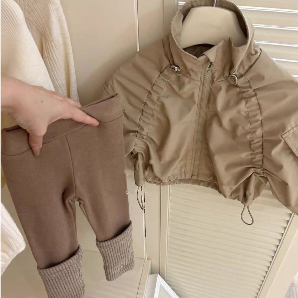 Girls spring and autumn khaki coat baby girl fashionable brown leggings two-piece set 2025 autumn new cotton