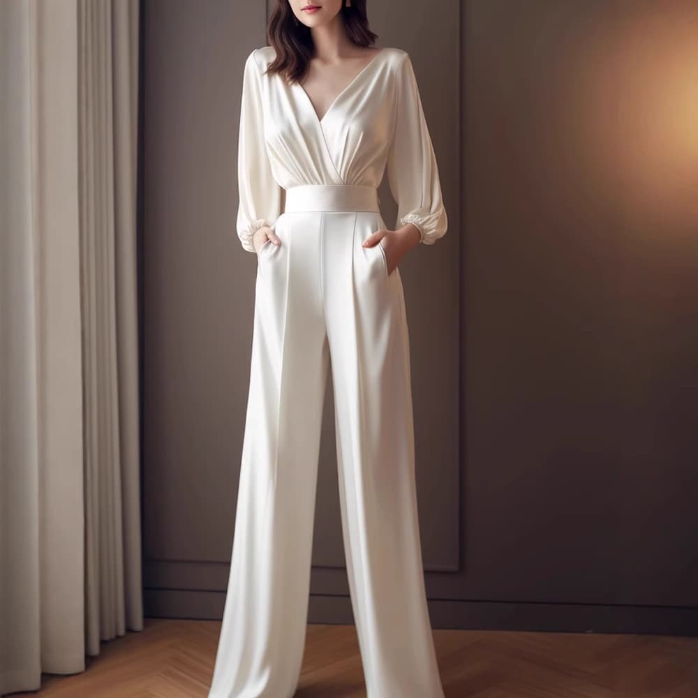 2717 High Waist Drape High-End Exquisite and Capable Temperament High Waist Unique Satin White Jumpsuit Autumn