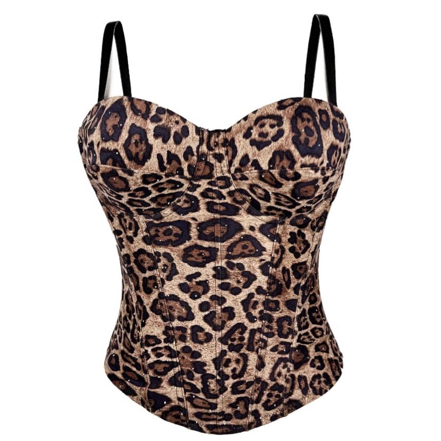 European and American golden brown leopard print suede short vest suspender that can be worn outside the elastic gathered fishbone body shaping bra