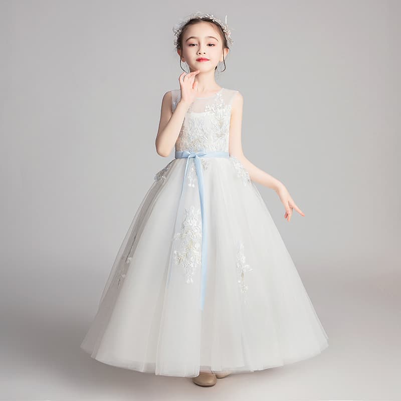 Girls' Dress, Princess Dress, Lace Performance Dress for Small and Medium-Sized Children, White Long Children's Host Birthday Dress