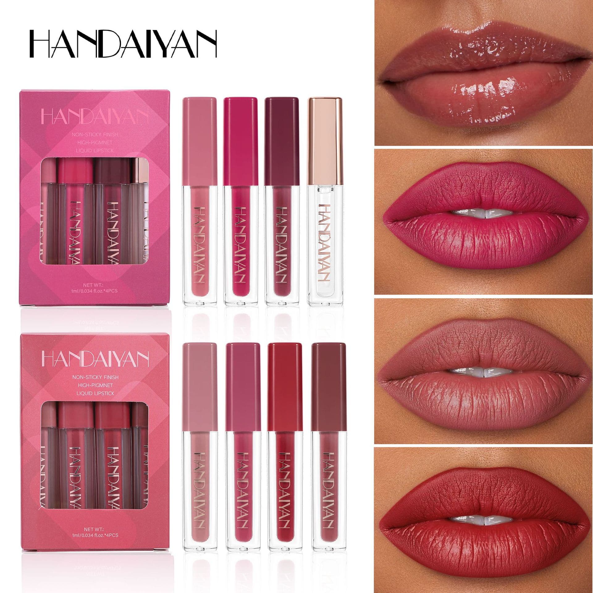 Cross-border Lip Gloss Set 4 Pieces Easy Color HANDAIYAN Lip Glaze Pearlescent Enhances Complexion Non-stick Cup Matte Lip Glaze