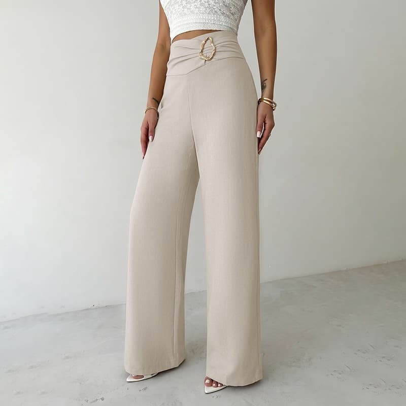 TikTok Europe and America 2026 new autumn and winter temperament commuter style solid color high waist waist pleated metal buckle wide leg pants