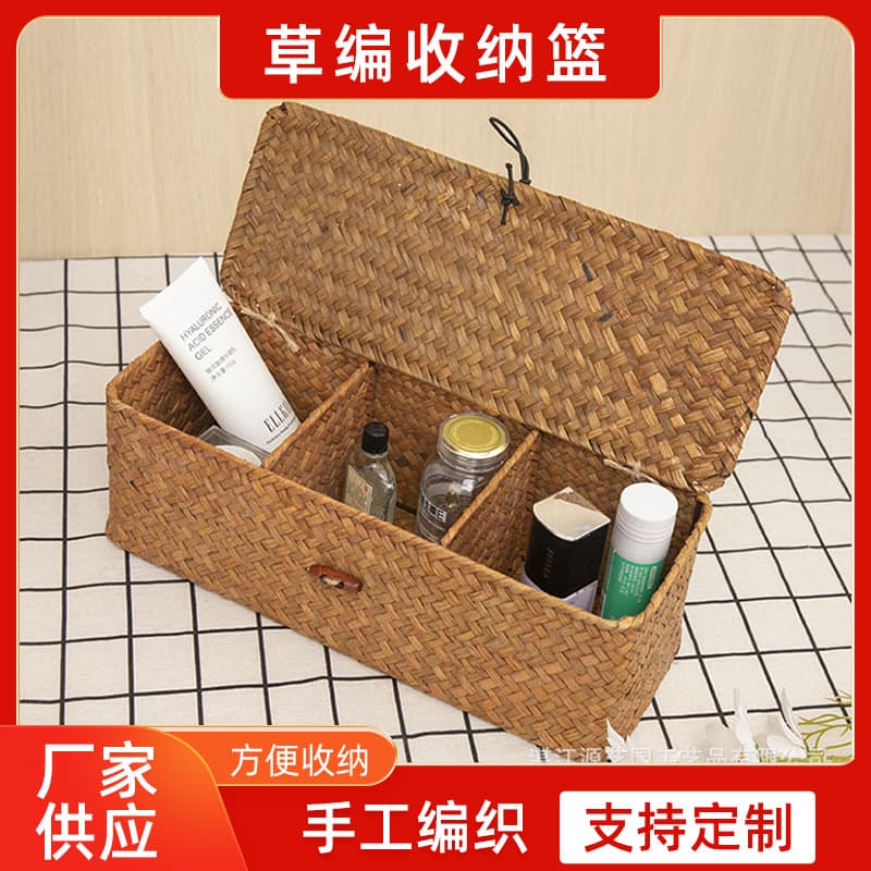 Handwoven Straw Storage Basket with Lid, Square Desktop Three-Compartment Organizer for Home Use
