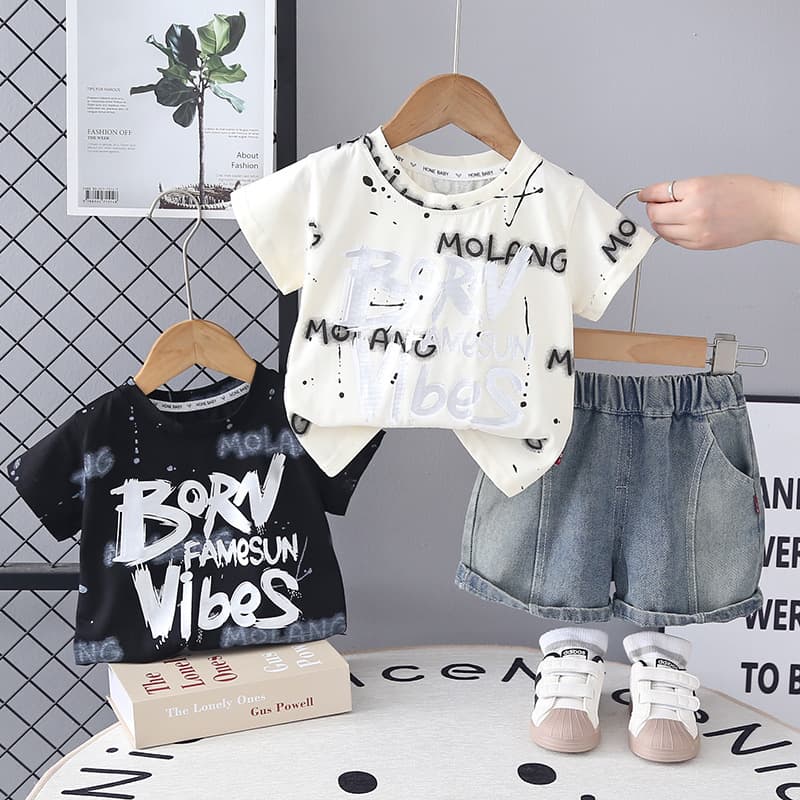 New Summer Boys' Casual Outfit Set, Baby Thin Round Neck Letter Print Short Sleeve Two-Piece Set, Trendy Wholesale