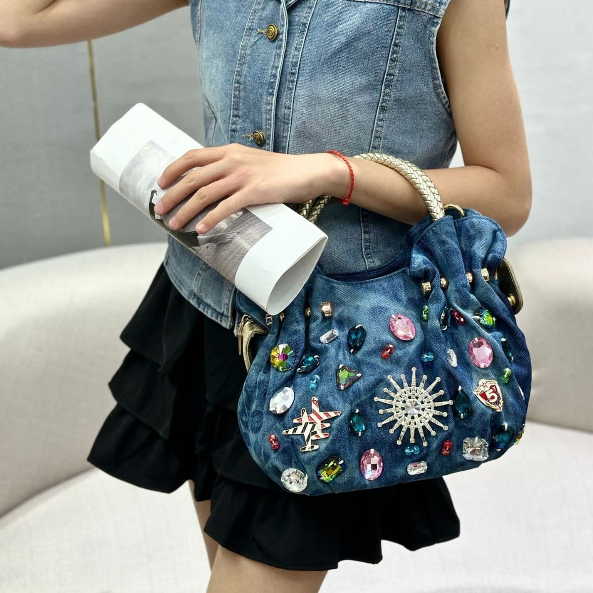 Fashion hot diamond mini portable dumpling bag Korean style fashion versatile denim bag trendy diamond women's small bag crossbody bag