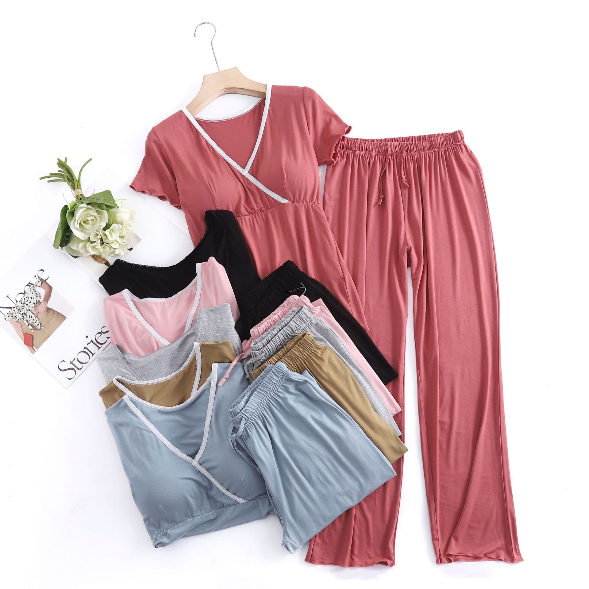 Modal Nursing Short Sleeve Long Pants Pregnant Women Summer Maternity Wear Home Feeding Casual Outing V-Neck Lace Set