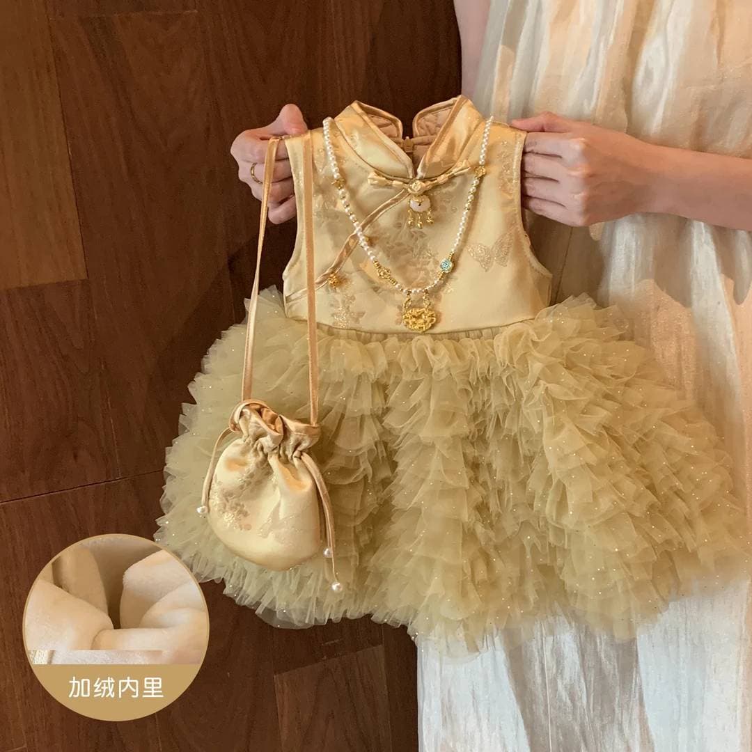 Tian Xiaosi Girls' Chinese Style Dress, Winter 2026 New Arrival, First Birthday Party Dress, Little Kids' Elegant Princess Dress, Baby Girl