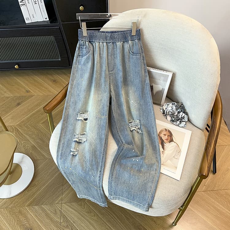 Summer New American Retro Distressed Loose Fit Paint Spot Ripped Jeans Plus Size Women's Clothing for 300 lbs (Currently Larger)