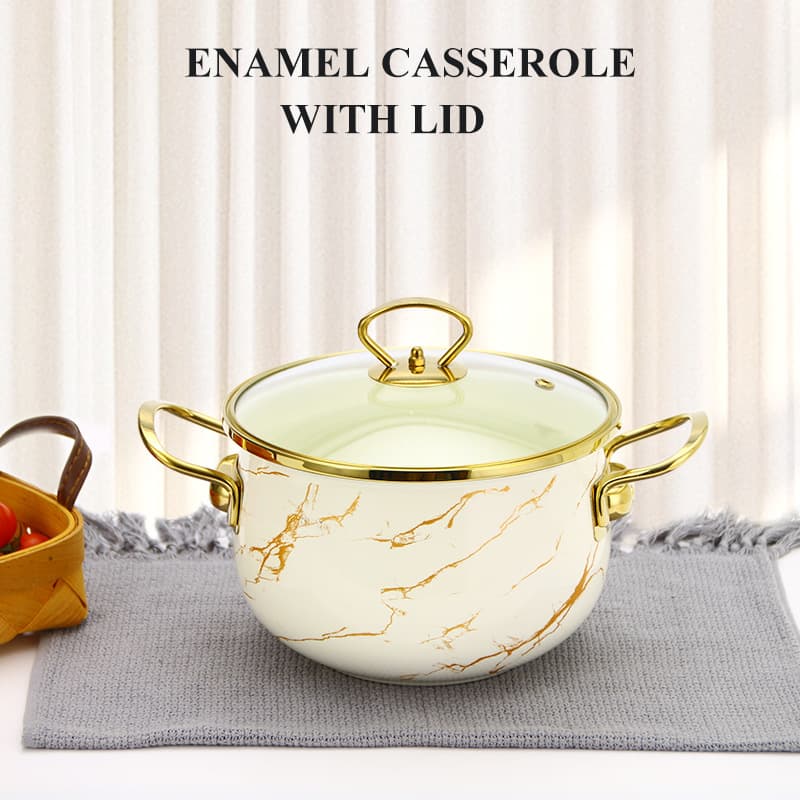 Enamel Pot Gold Rim Soup Pot Double Ear Pot Apple-Shaped Cast Iron Cookware for Induction Cooker and Gas Stove Kitchen Utensils