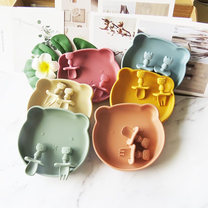 Silicone Kids Plate Set with Fork and Spoon Baby Silicone Bear Utensils Infant Silicone Spoon Fork Feeding Plate