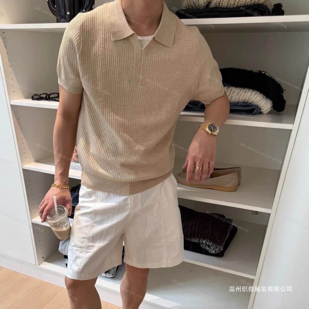 Old Money Knitted Ice Silk T-Shirt Polo Shirt Men Summer Lightweight Breathable Seagull Collar Handsome Half Sleeve T-Shirt Trendy