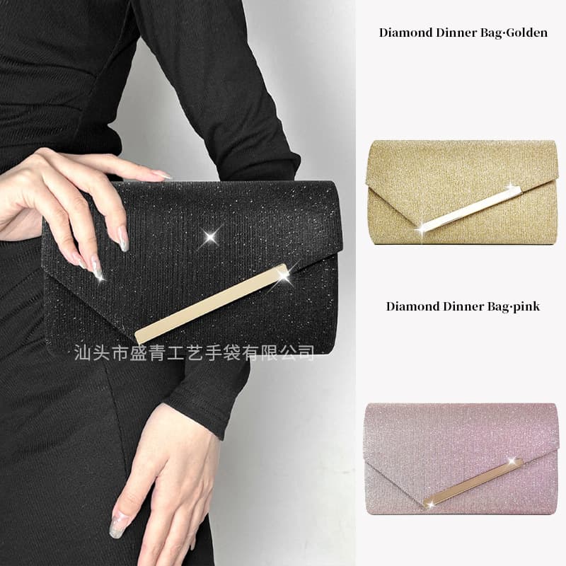 In-stock cross-border new fashion bag with simple design, metallic trim, shiny color-changing fabric, and magnetic flap closure for evening events.