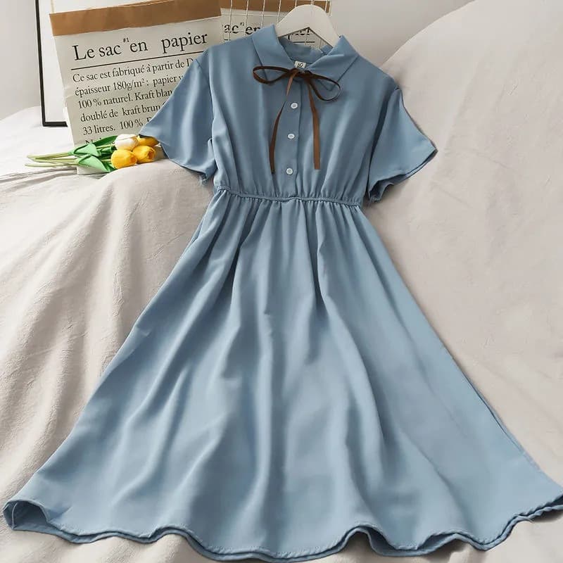 Girls' college style dress, middle and older children's summer new solid color bow lapel short-sleeved princess style casual dress