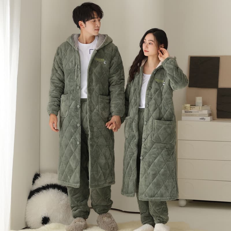 Couple Bathrobe Winter Women's Long Nightgown Thick Three-Layer Cotton Flannel Hooded Warm Plus Size Men's Homewear