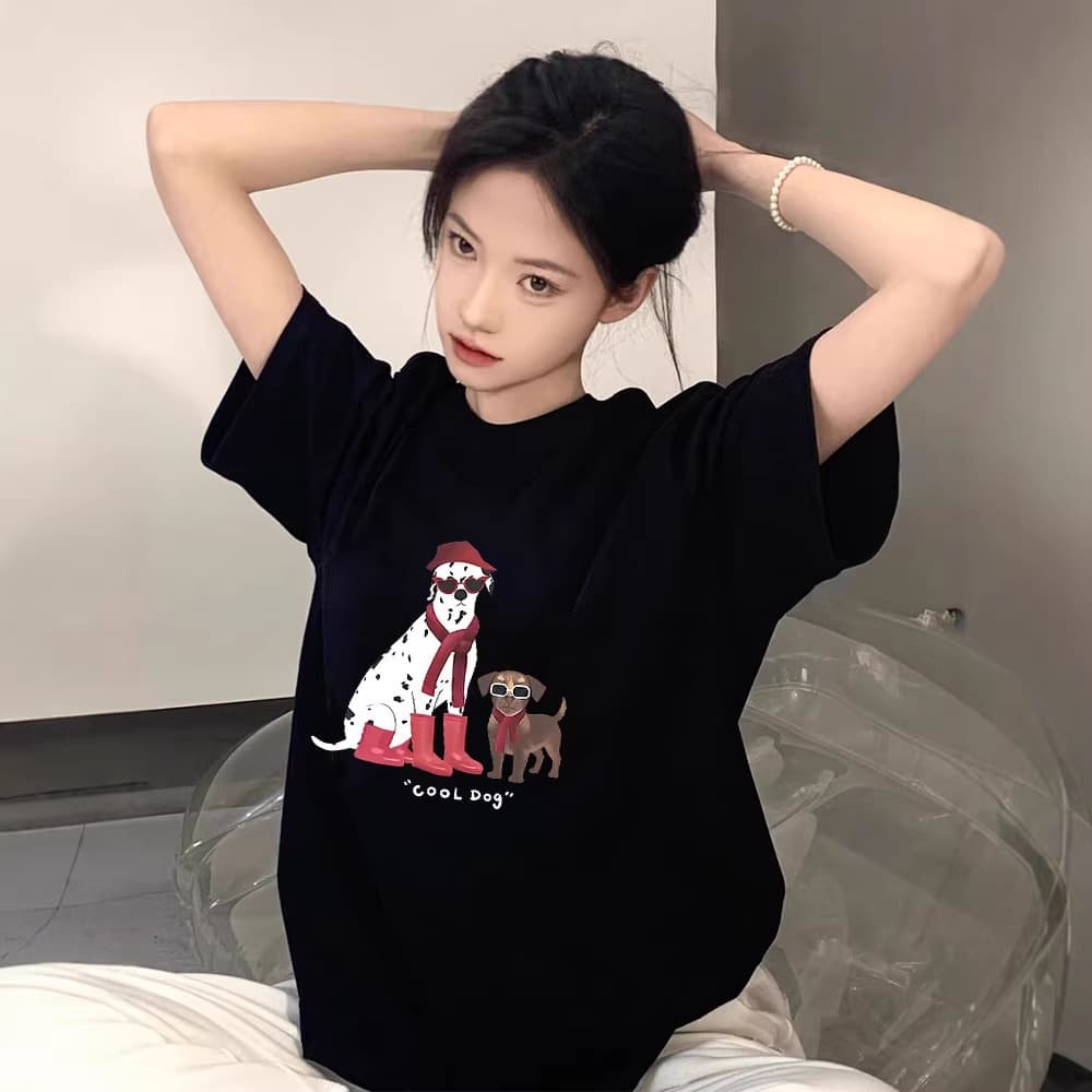 Trendy brand puppy black pure cotton short-sleeved t-shirt for women 2026 new hot style summer high-end niche tops and T-shirts
