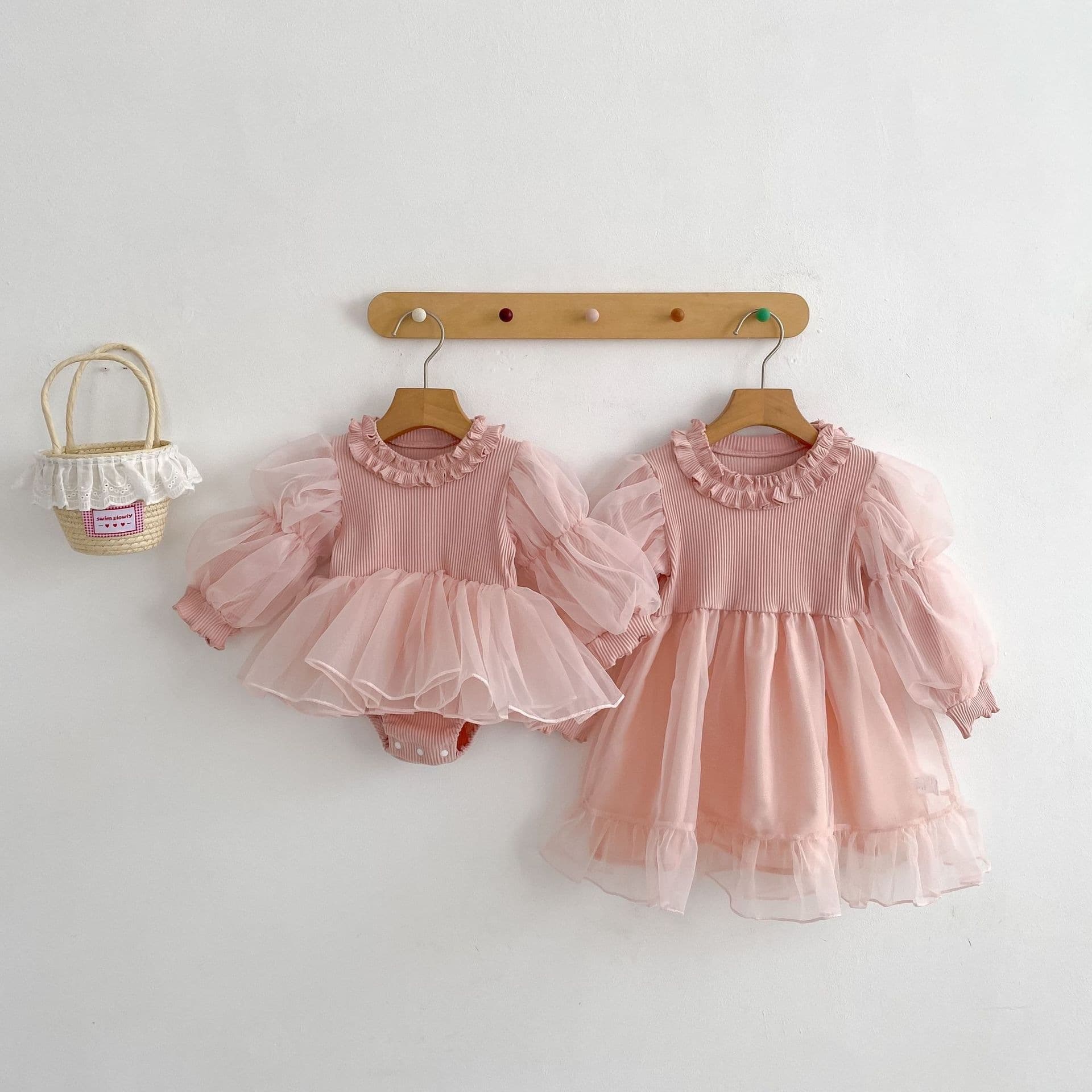 Sister Set Girl Korean Style Chic Mesh Long Sleeve Dress Baby Girl Trendy Children Puff Sleeve Princess Dress