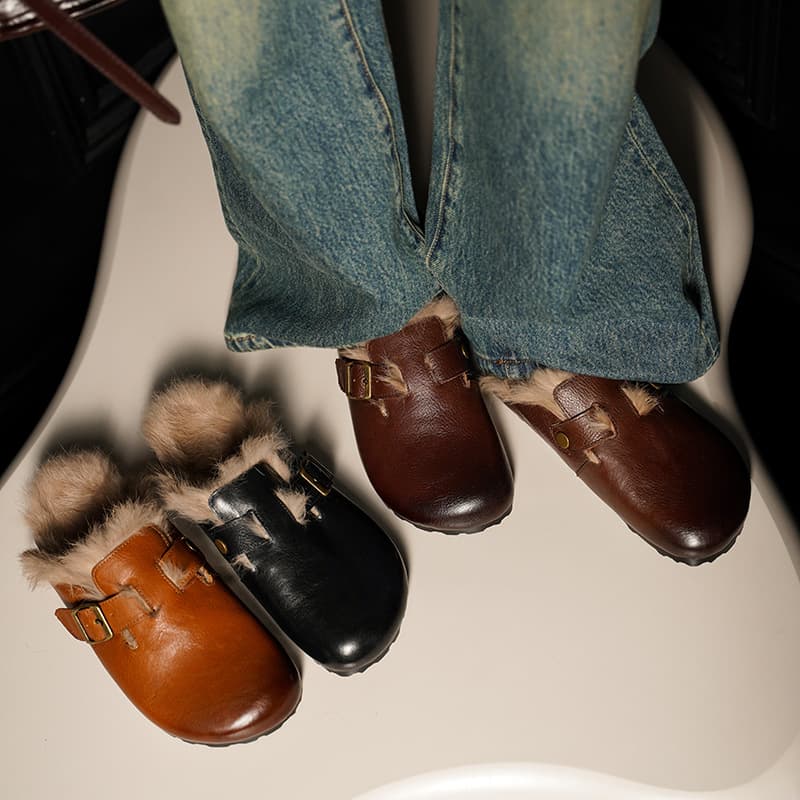 Belt Buckle Rabbit Fur Slippers Women 2024 Autumn Women's Shoes Outdoor Warm Slippers Round Toe Burnished Flat Heel Fashion Slippers