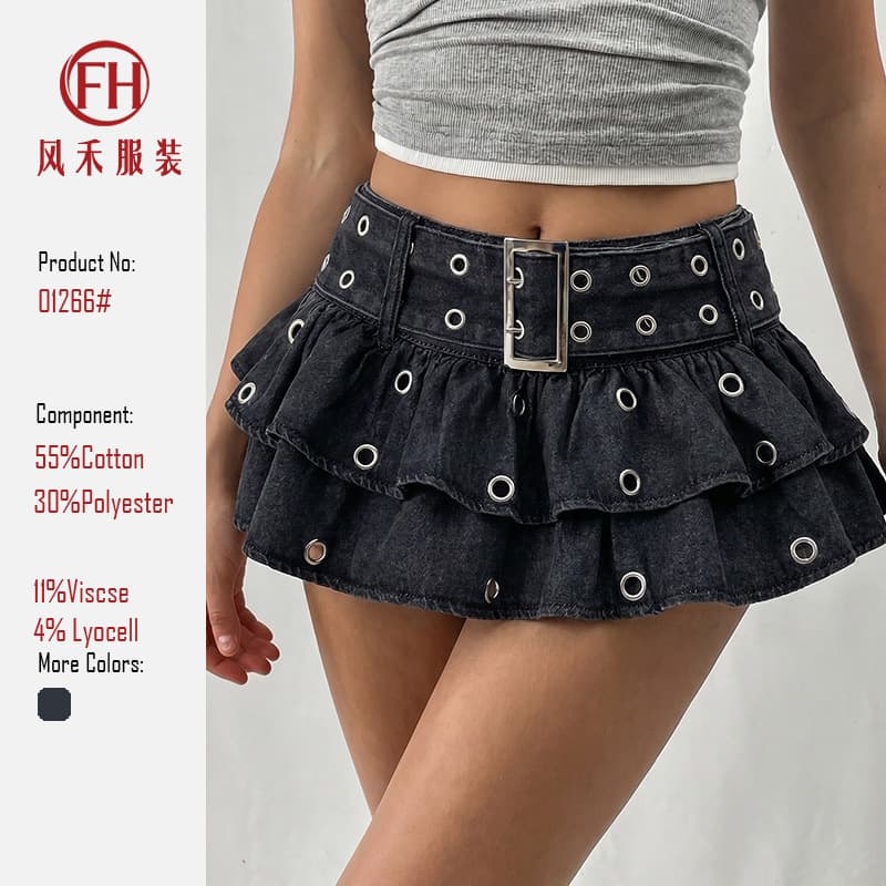 New Gold Accessories High-End Vintage Retro Pleated Denim Mini Skirt for Women