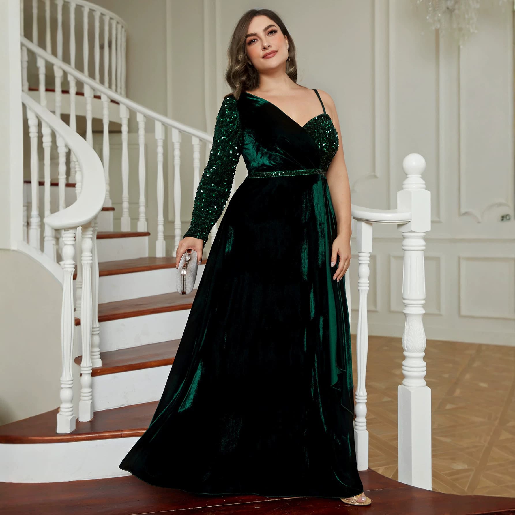 New Style Long Sleeve Single Shoulder Sequined Gown Women's Autumn/Winter Plus Size Amazon Independent Stand European/American
