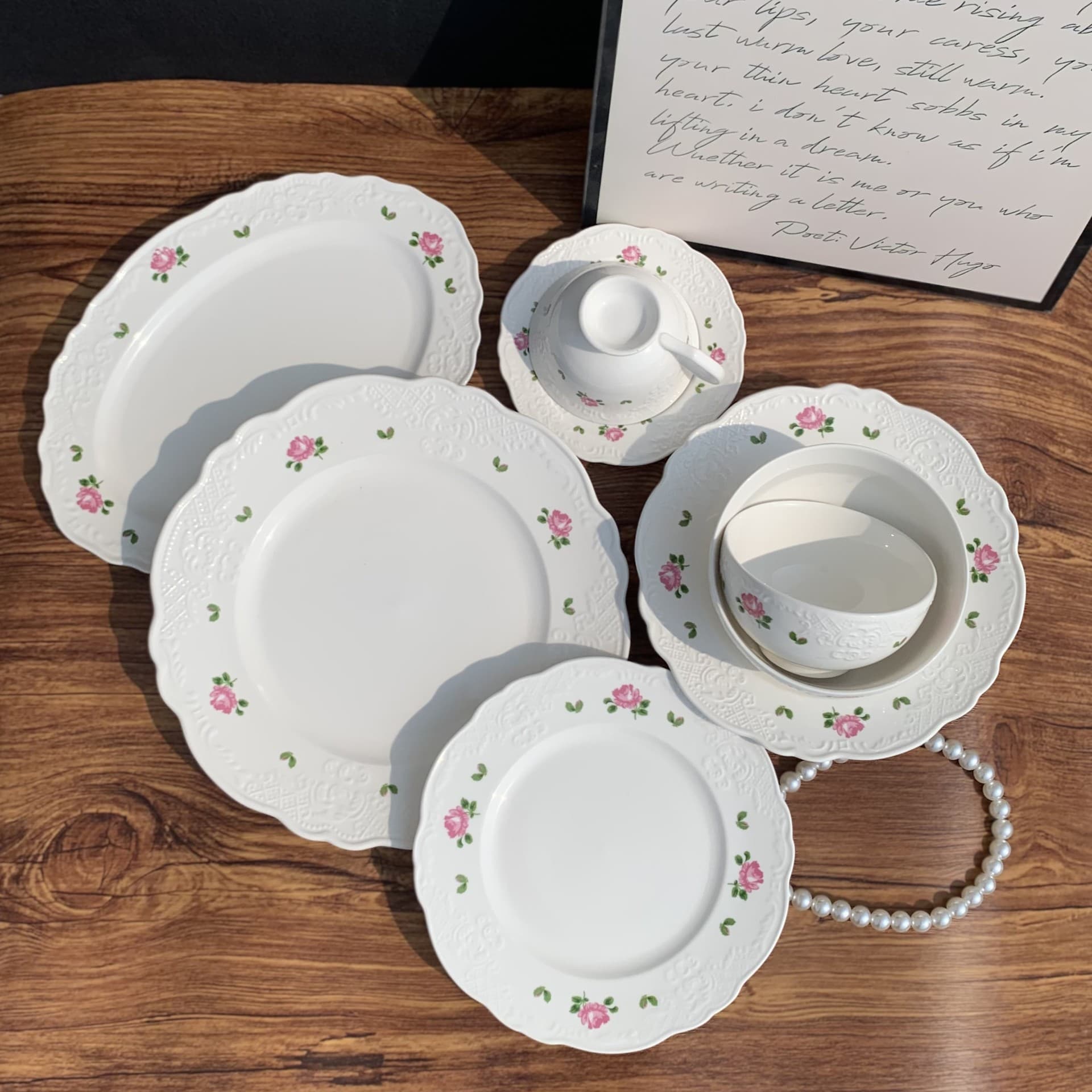 Vintage Cross-Border Rose Embossed Ceramic Dinner Plate, Afternoon Tea Dessert Cake Plate, Coffee Cup Saucer, High-Aesthetic Plate