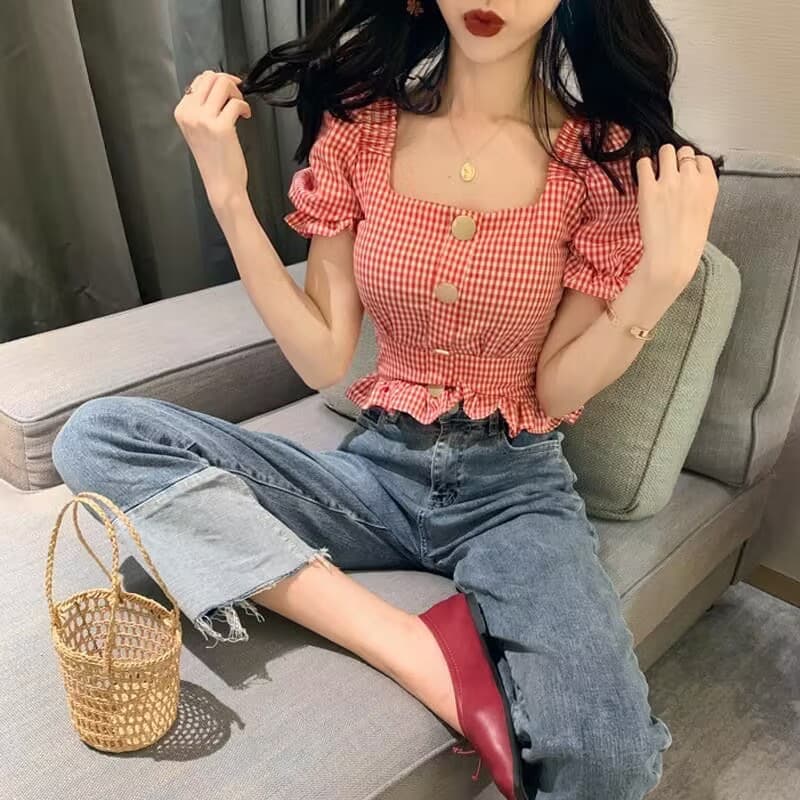 2025 Summer New Slim Fit Ruffle Plaid Blouse Short Sleeve Crop Top Backless Shirt for Women