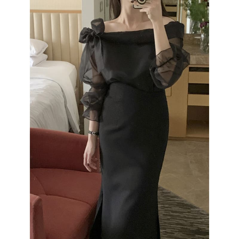 T9O Korean Chic Early Spring Off-Shoulder Bowknot Layering Mesh Top