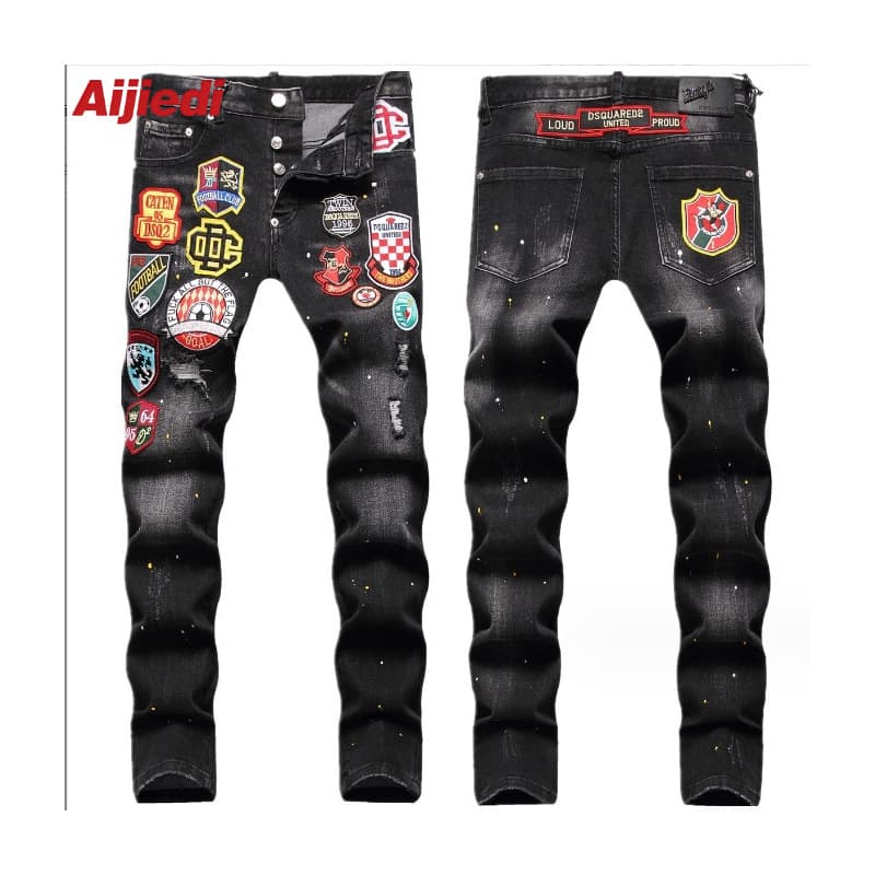 European and American Italian trendy brand street style men's embroidered patch distressed slim straight jeans
