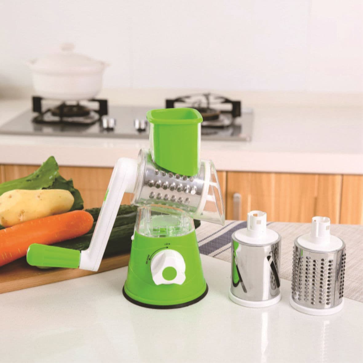 Cross-border Manual Rolling Drum Vertical Multi-functional Vegetable Cutter, Grater with Three Blades, Kitchen Gadget