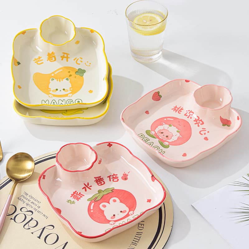 Underglaze Cartoon Children's Ceramic Dumpling Plate, Divided Weight Loss Plate, Cute Dumpling Plate with Vinegar Dish, Compartment Plate