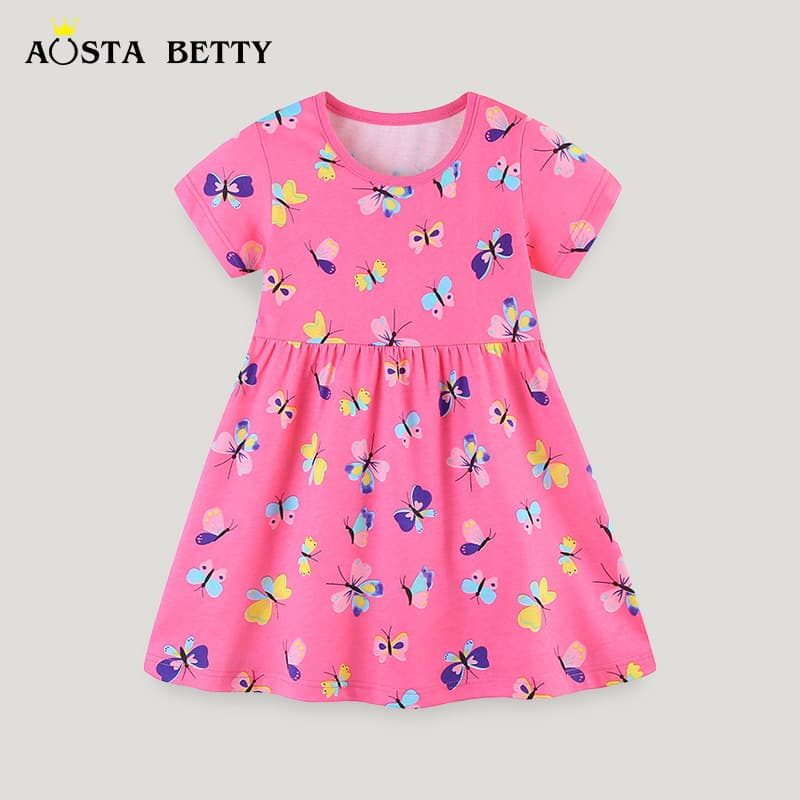 Fashionable Butterfly Print Princess Dress for Girls Cotton Round Neck Short Sleeve Summer New Arrival Children's Clothing