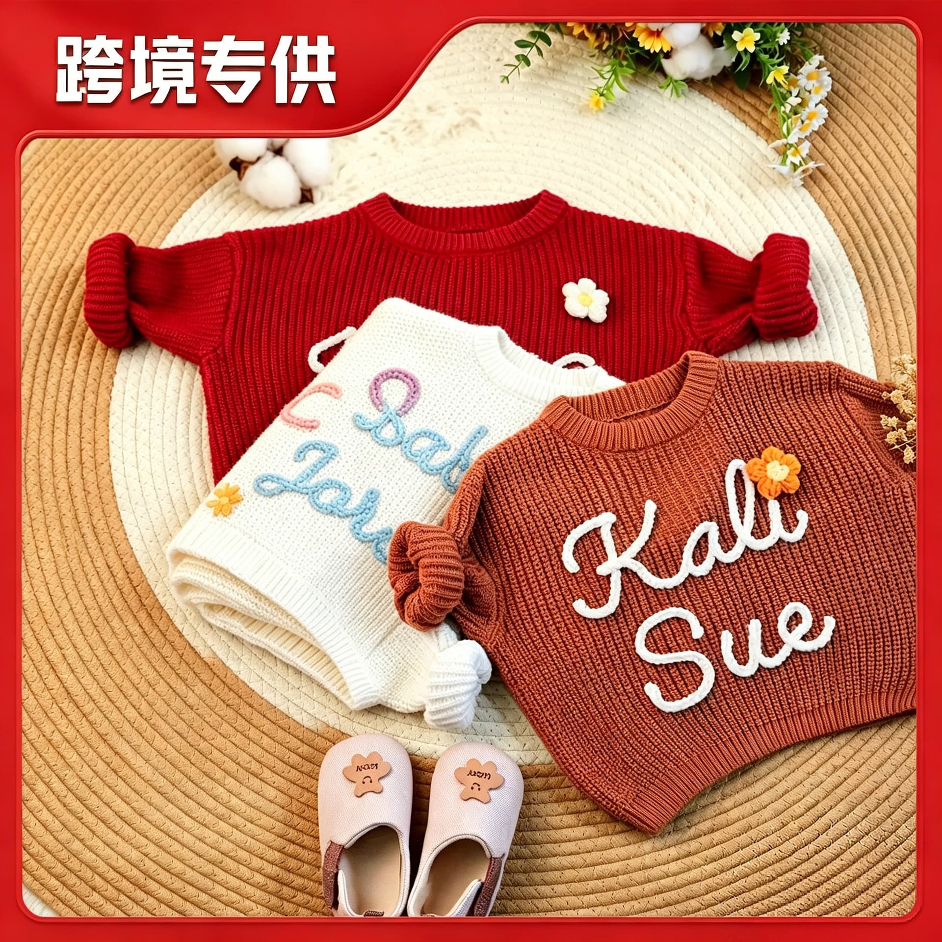 Etsy Cross-Border Custom New Infant Toddler 100% Cotton Personalized Letter Hand-Embroidered Children's Warm Knit Sweater