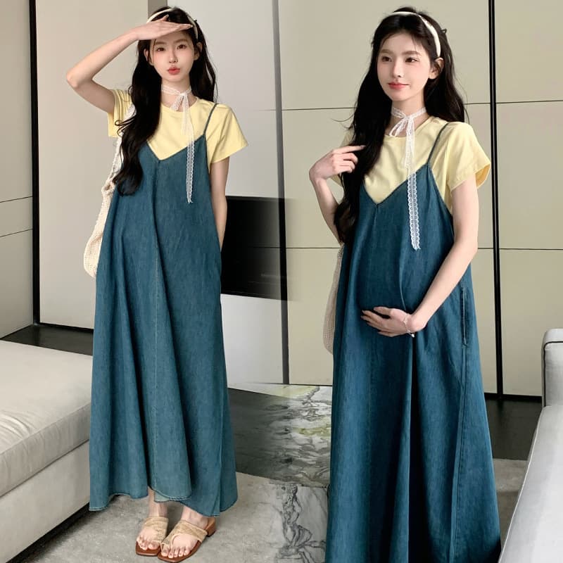 2025 Summer New Cotton Top + Korean Denim Suspenders Skirt Maternity Set