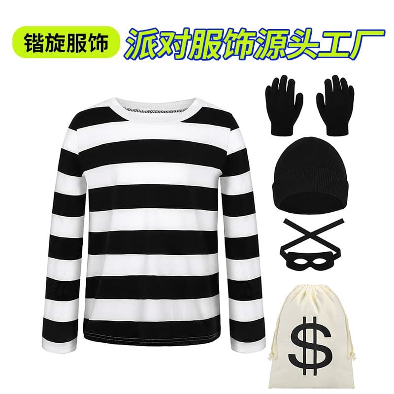 Halloween Thief Costume Set Long-Sleeve Striped T-Shirt Canvas Bag Gloves Eye Mask Knit Hat Cosplay Outfit