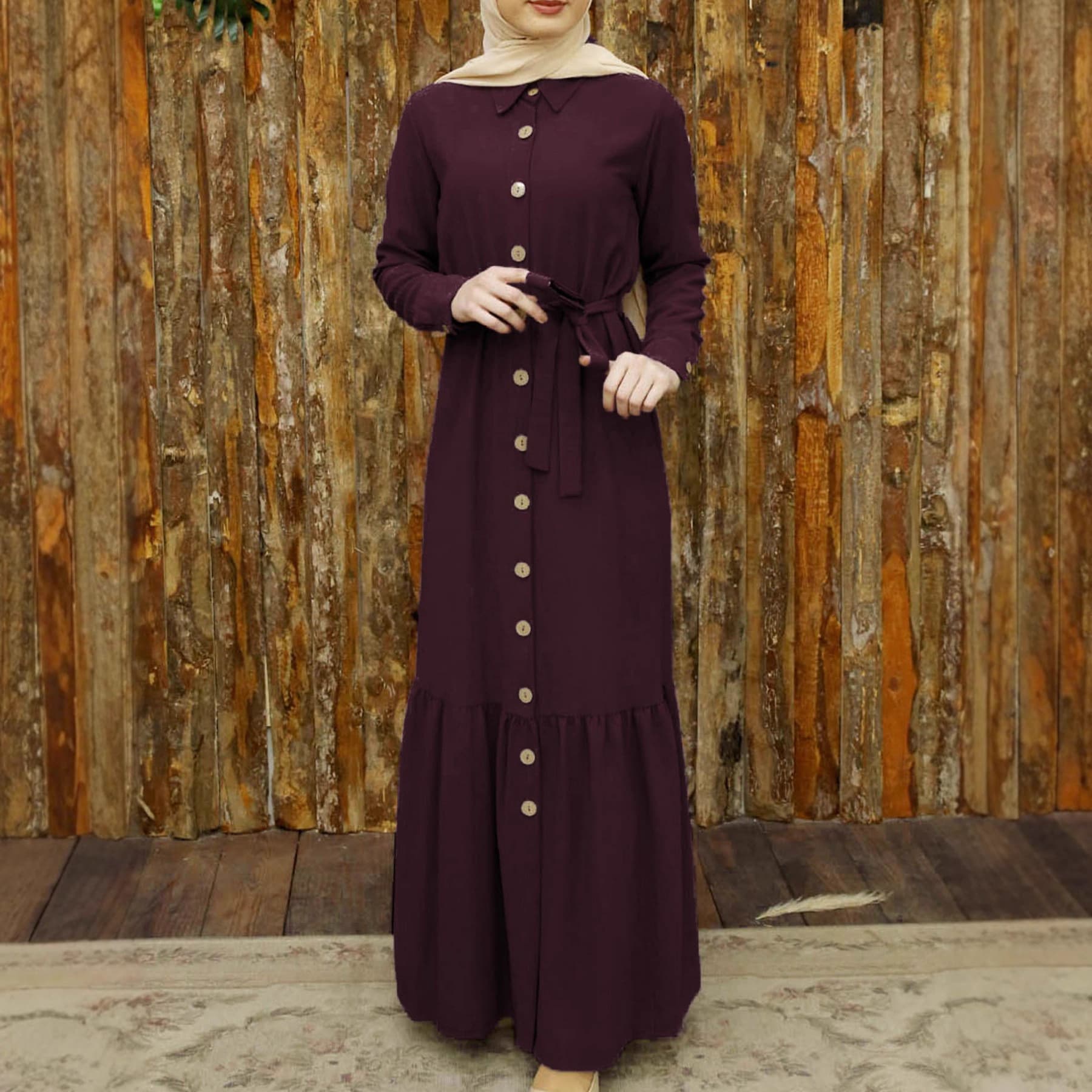 Amazon Hot Selling Cross-Border Abaya Dresses Solid Color Long Sleeve Tie Button Dress