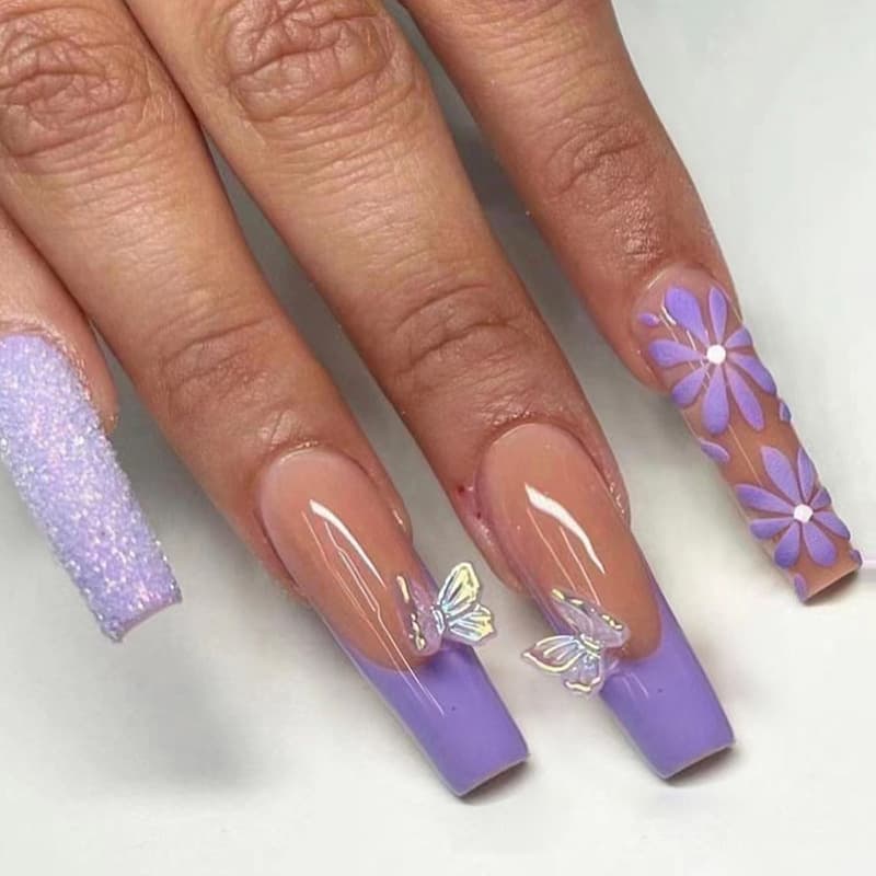 Taro Purple Long Ballet French Nail Art Flash Flower Solid Color Fake Nails Sweet Diamond Finished Nail Beauty Piece