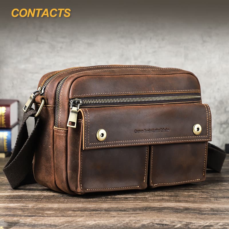 Black Angel Retro Crazy Horse Leather Foreign Trade Men's Shoulder Crossbody Bag Can Hold 7.9-Inch IPAD Genuine Leather Men's Bag