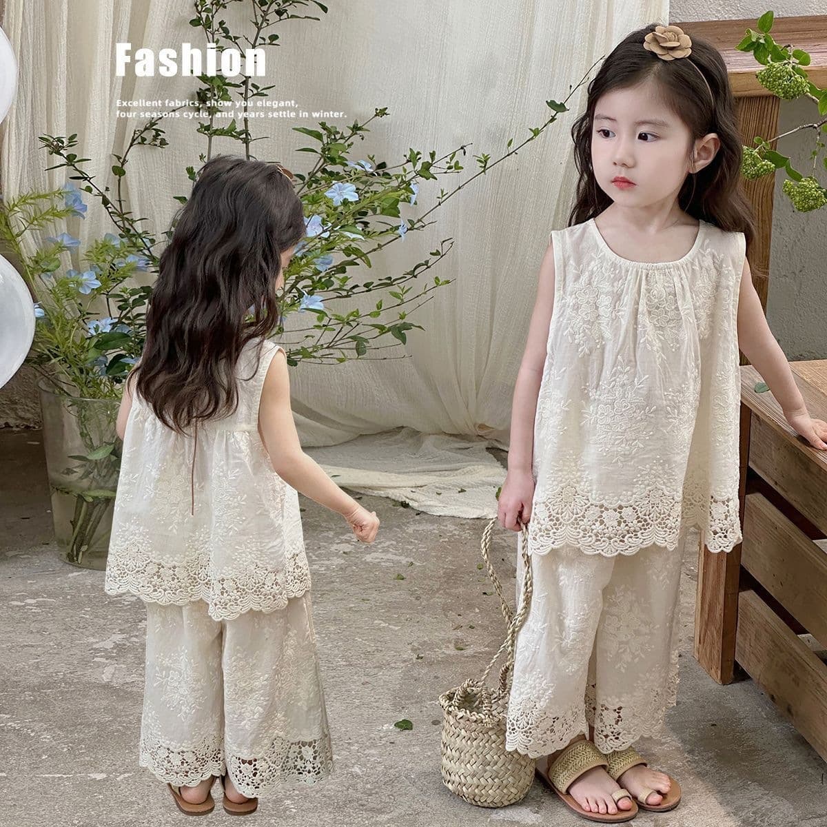 National style lace vest wide-leg pants two-piece set girls summer clothes baby clothes children super fairy suit children's pants