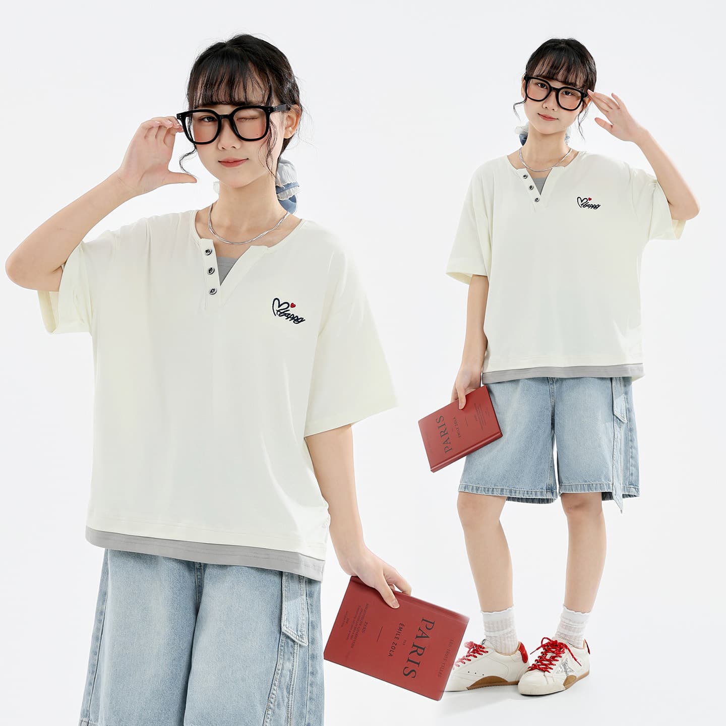 Girls' Two-in-One Short Sleeve Summer Top, Big Kids Plus Size Loose V-Neck T-Shirt for Students and Teens
