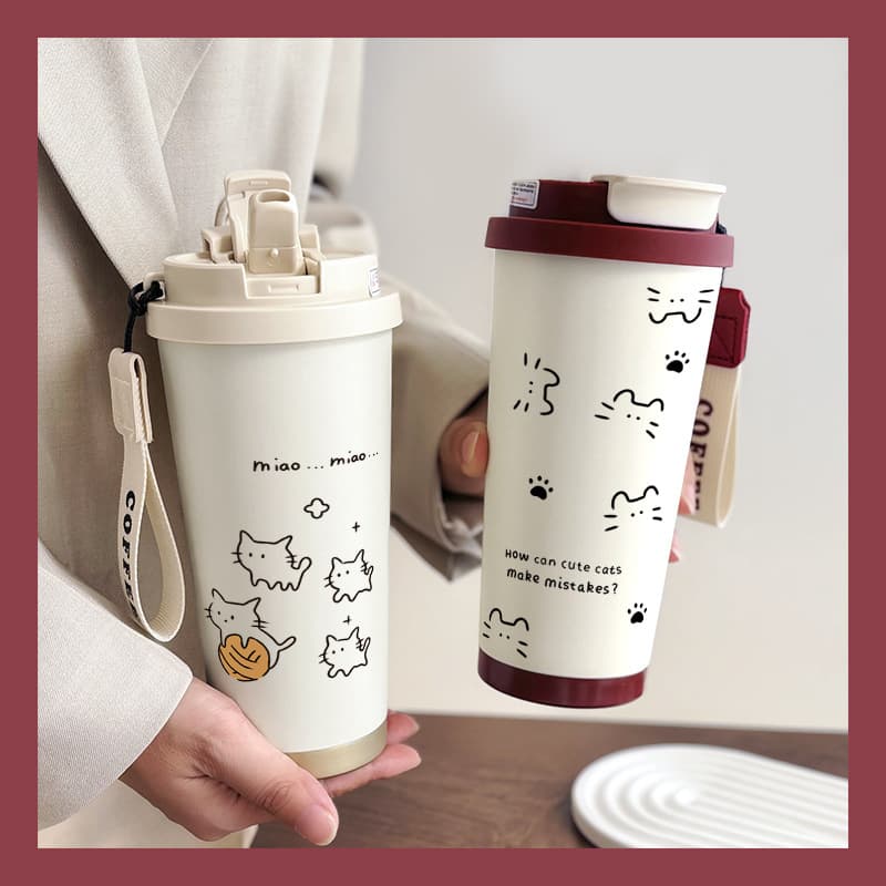 Simple Cat-Themed Insulated Cup, Dual-Use Coffee Cup, 316 Stainless Steel Inner Liner, Cute and Convenient for Students, New Model for Both Men and Women