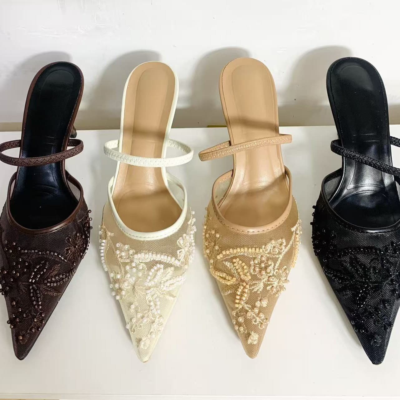 ZA Embroidered Mesh Stiletto Mules Pointed Toe Closed Toe Large Size 36-42 Sandals Women Back Strap High Heel Sandals