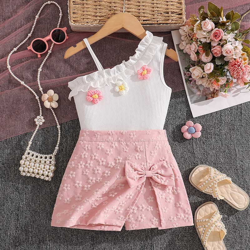 2026 Spring/Summer New Cross-Border Girls' Fashion One-Shoulder Camisole Top with Sweet Jacquard Bow Skirt Set