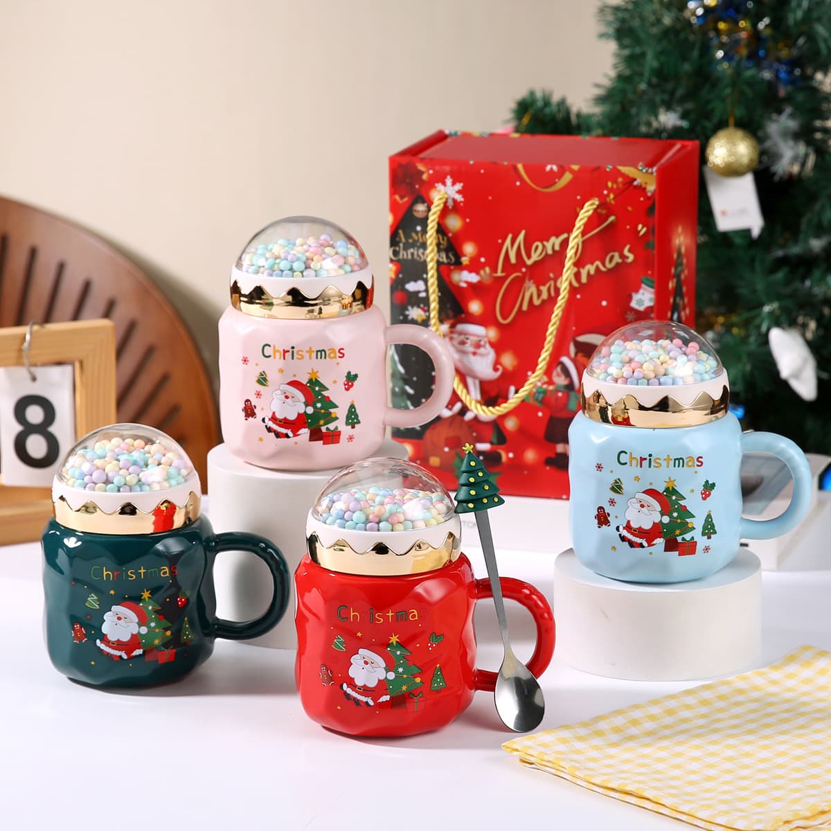 Cross-border cute water cup Christmas ceramic cup creative landscape cover mug high-looking Christmas cup companion gift