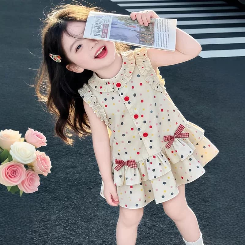 2026 Girls Polka Dot Dress Summer New Fashionable Thin Vest Dress for Little Girls Princess Dress
