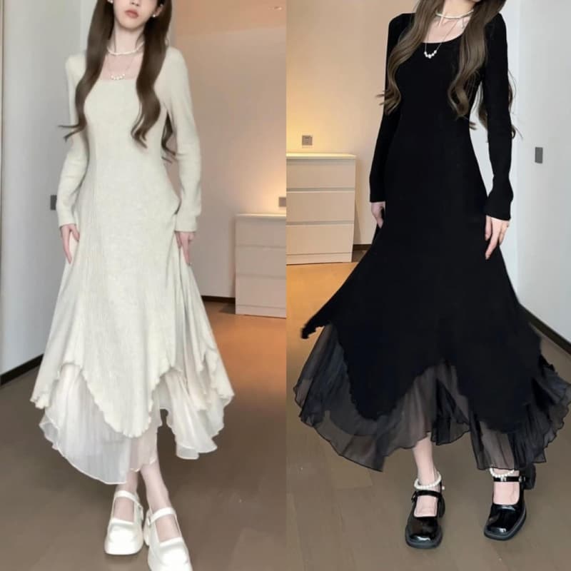 Large size fat mm 2023 new autumn clothing irregular long-sleeved dress women's slim slim a-line long skirt