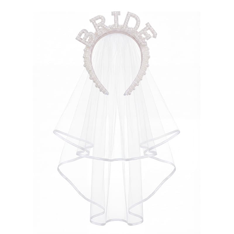 Custom Bride Headpiece Pearl Headband Veil Bachelorette Party Crystal Sash Wedding Ceremony Ribbon Set