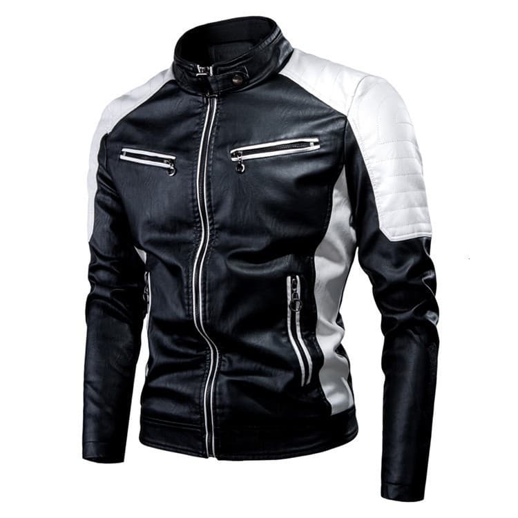 Cross-border Trade PU Leather Motorcycle Jacket with Contrast Stand Collar, Spring/Autumn Thin Casual Coat for Men, eBay